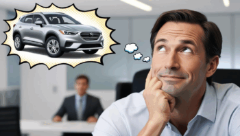 Hombre pensando en si alquilar o comprar un coche nuevo