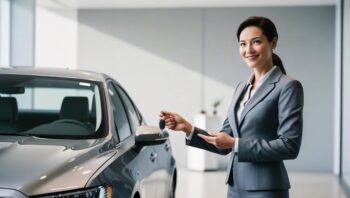 Asesora entregando las llaves de un coche nuevo en concesionario