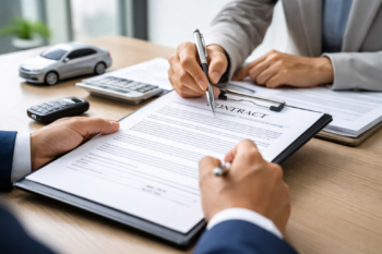 Persona revisando y firmando un contrato de renting en una oficina